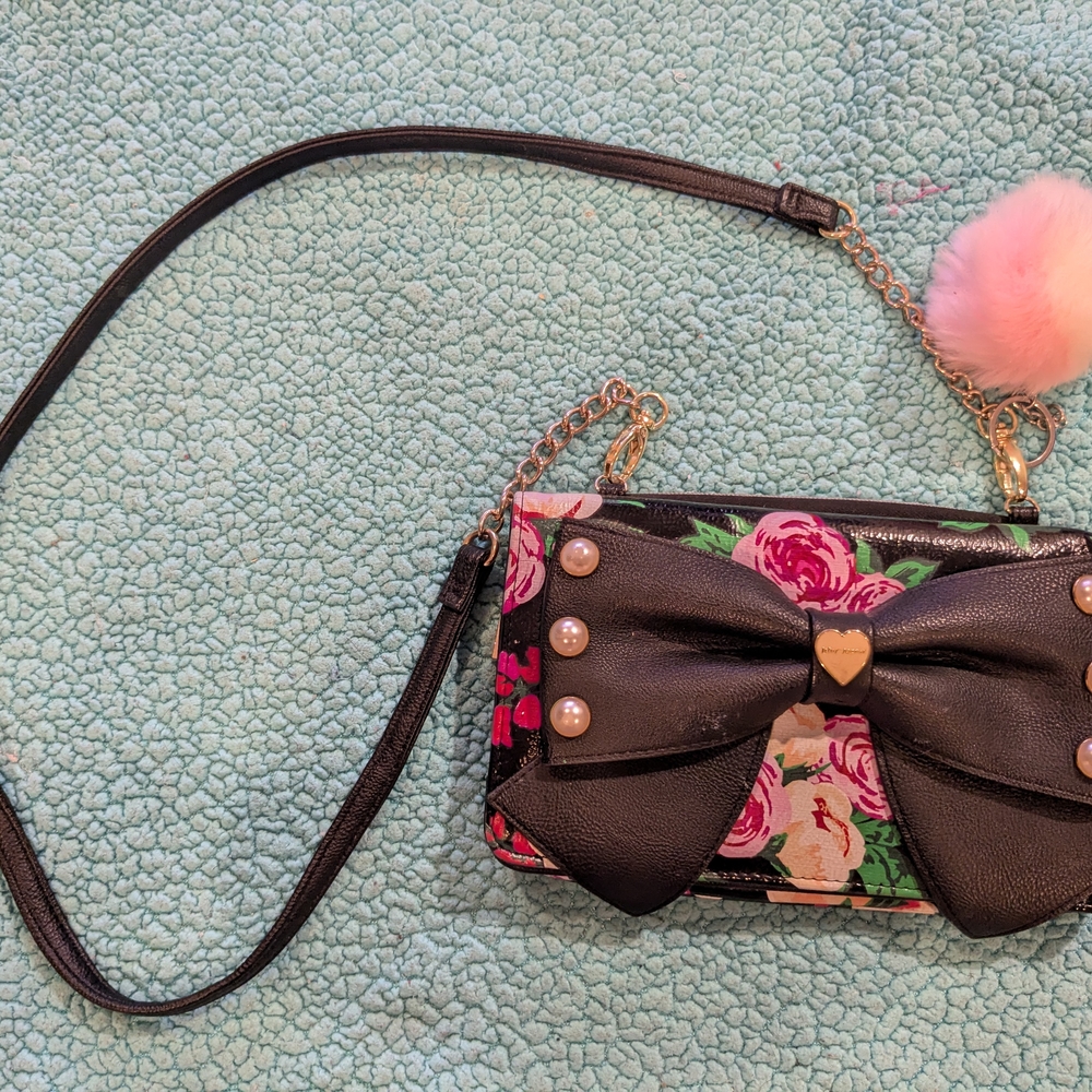 Floral Crossbody Bag with Bow and Pom Pom